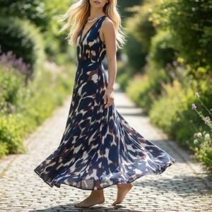 Banana Republic Jodi Maxi Dress Animal Wave Print Beige/Brown/Navy Women's Sz 2